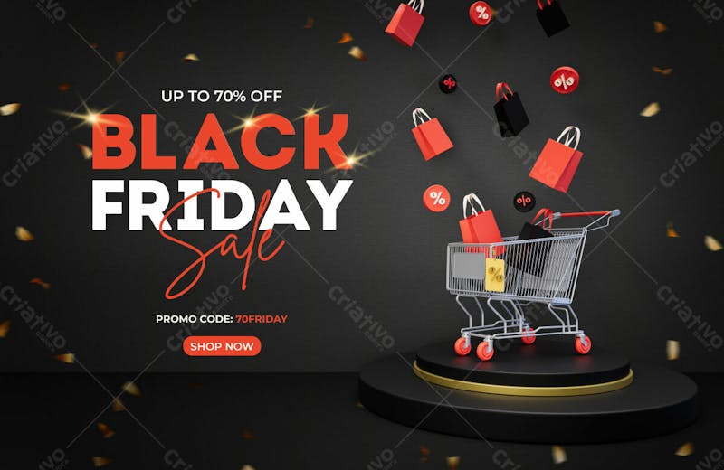 Black friday sale banner template with 3d shopping bage and shopping cart