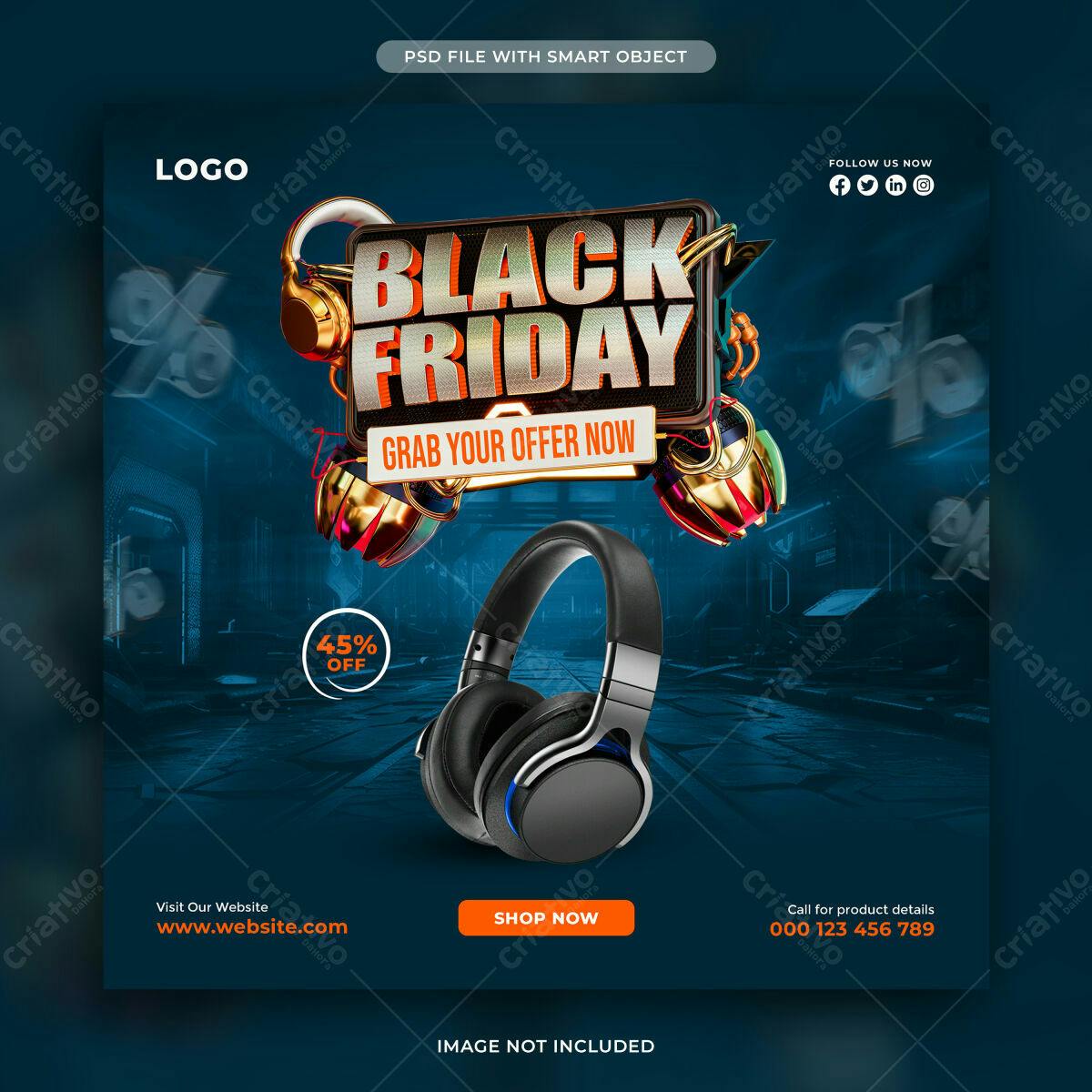 Banner Black Friday com fone de ouvido PSD Editável