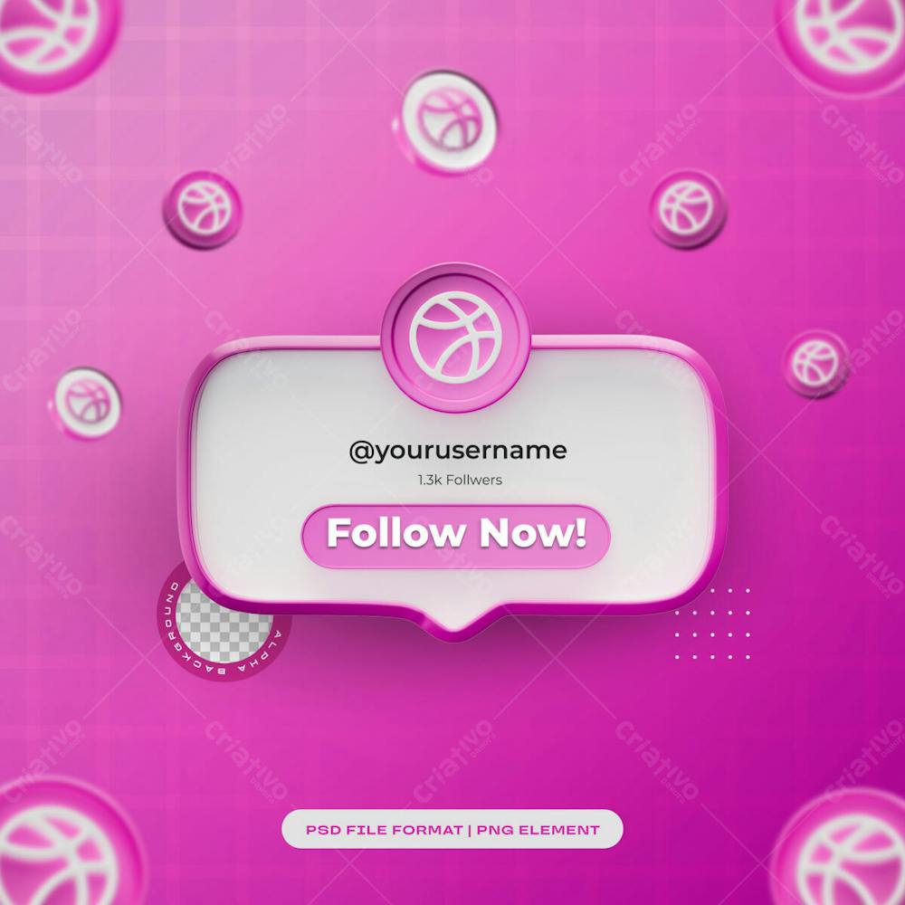 Dribble Follow Us Banner Element Icon With User Name Isolated 3D Render