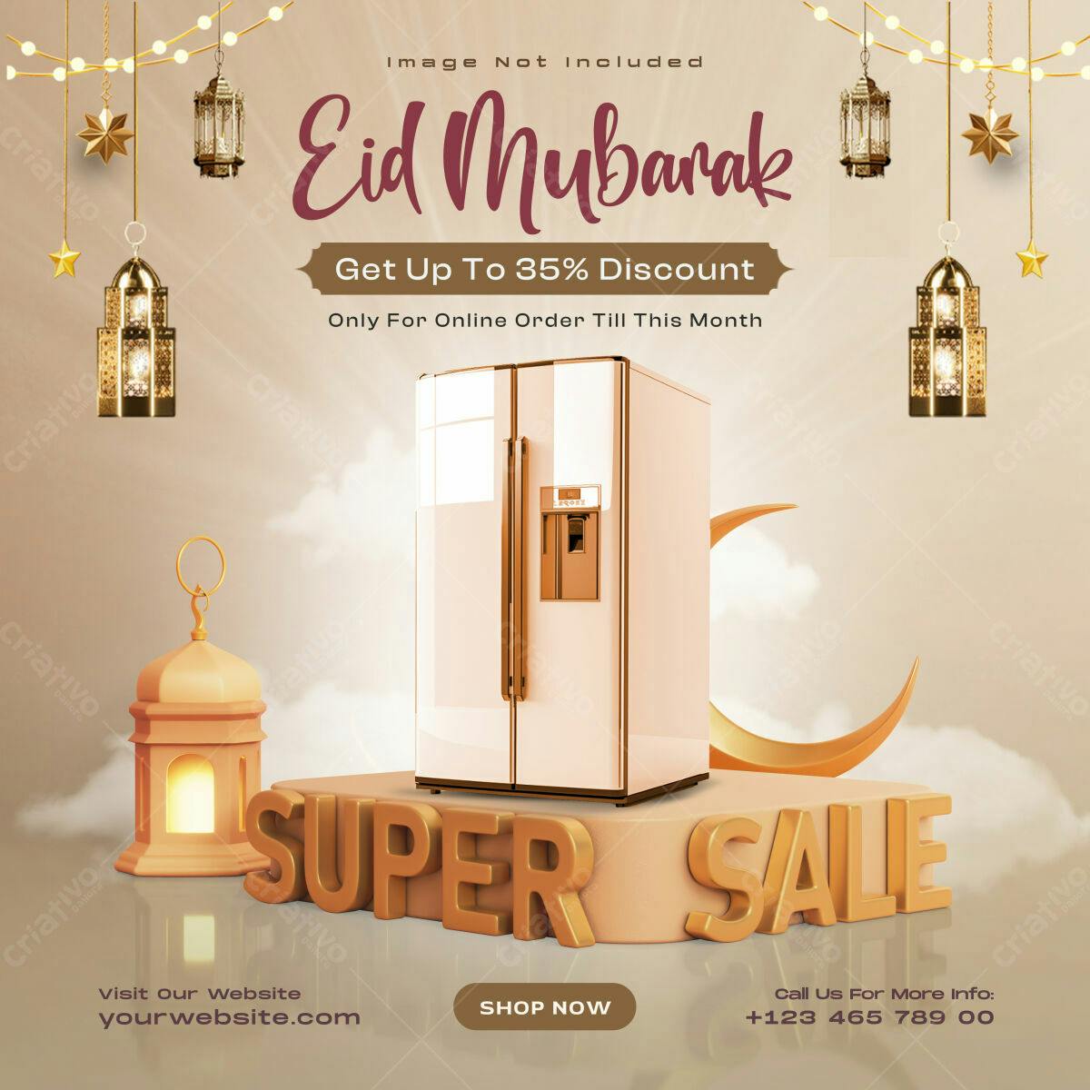 Flyer Eid Mubarak com Geladeira Rosa PSD Editável