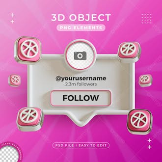 Follow us on dribbble profile social media 3d render isolated for composition
