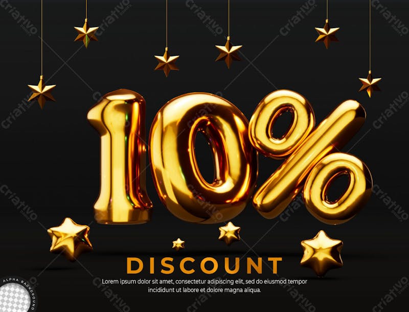 Golden 10 percent discount 3d rendering design template
