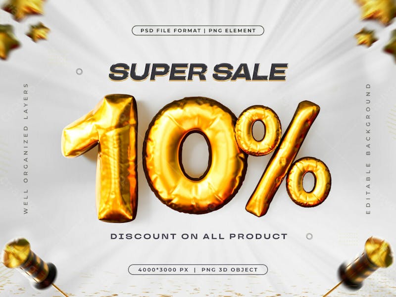 Golden 10 percent discount isolated 3d render illustration