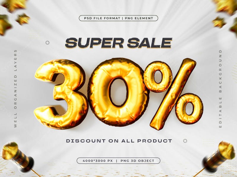 Golden 30 percent discount isolated 3d render illustration