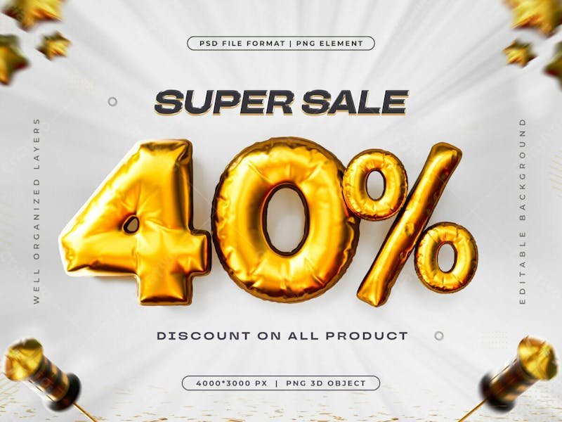 Golden 40 percent discount isolated 3d render illustration