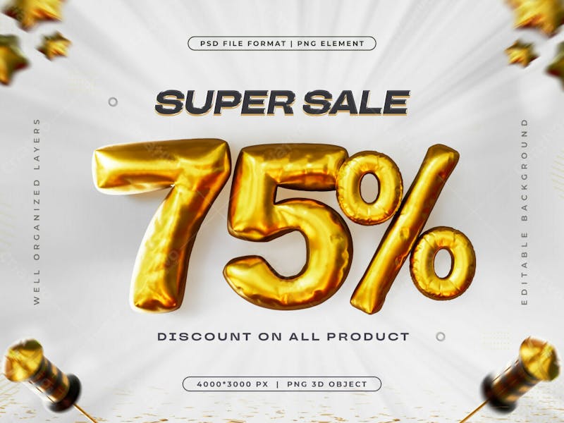 Golden 75 percent discount isolated 3d render illustration
