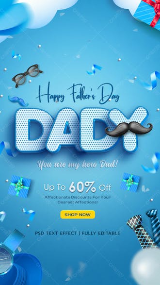 Happy fathers day sale advertising instagram story with editable text effect