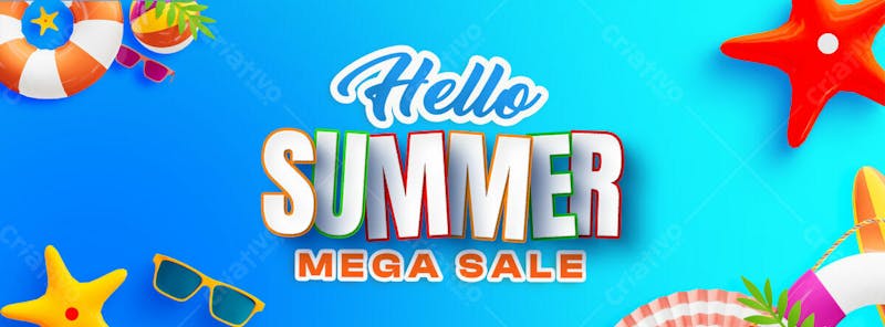 Hello summer mega sale facebook cover template with colorful beach elements