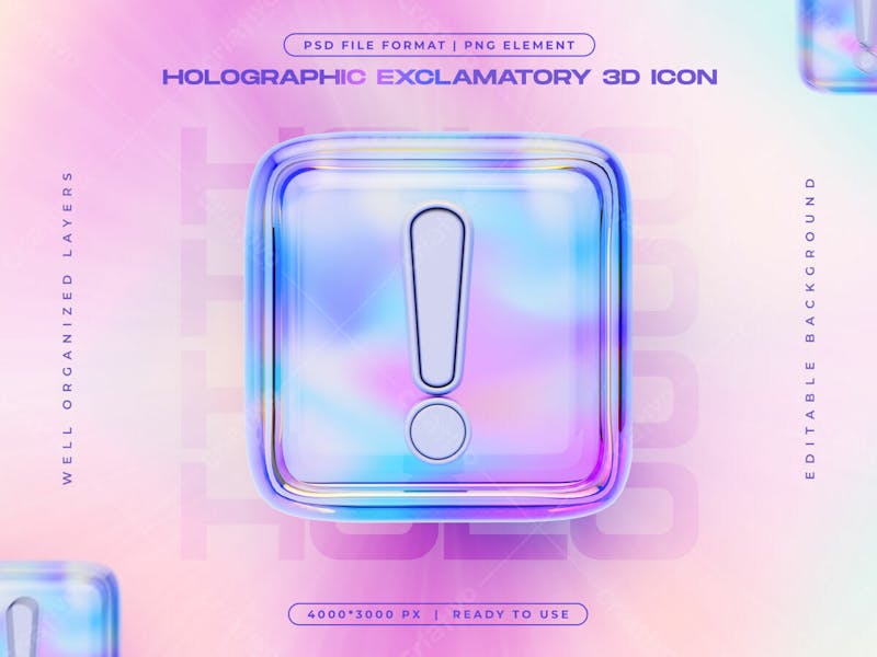Holographic exclamation mark icon isolated 3d render illustration