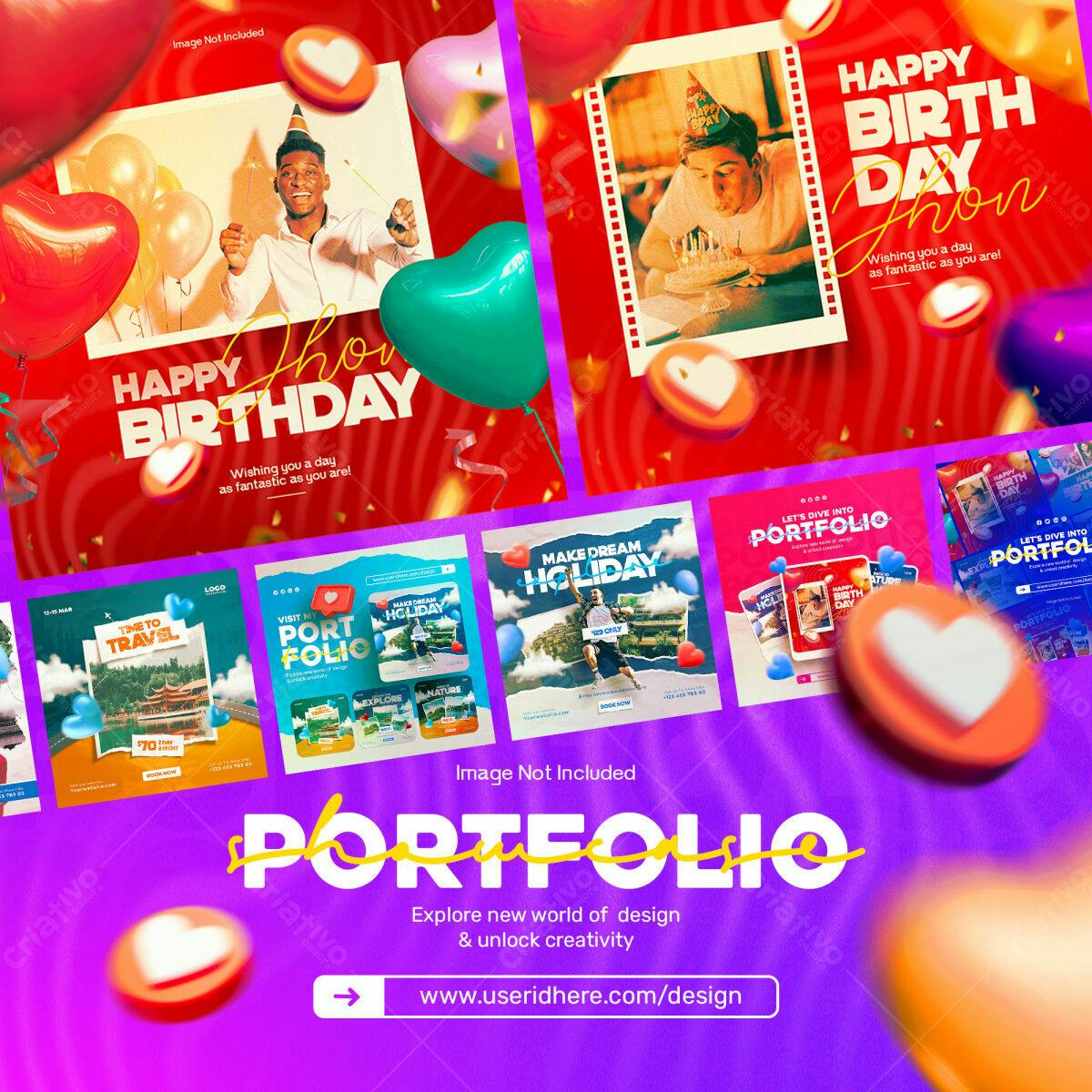 Kit de Mídias Sociais Aniversário e Férias PSD Editável