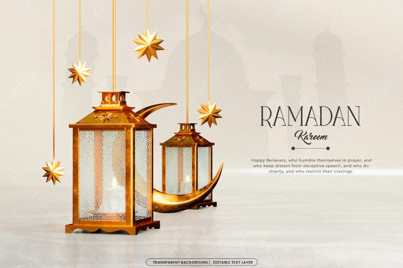 Ramadan mubarak 3d banner template with islamic decoration objects