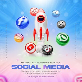 Social media marketing post template with social networking logos and icon around 3d rocket
