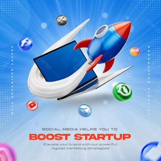 Startup concept rocket boosting social media marketing with laptop