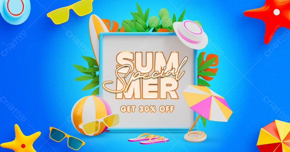 Summer Sale Facebook Post Banner Template With Colorful 3D Beach Elements