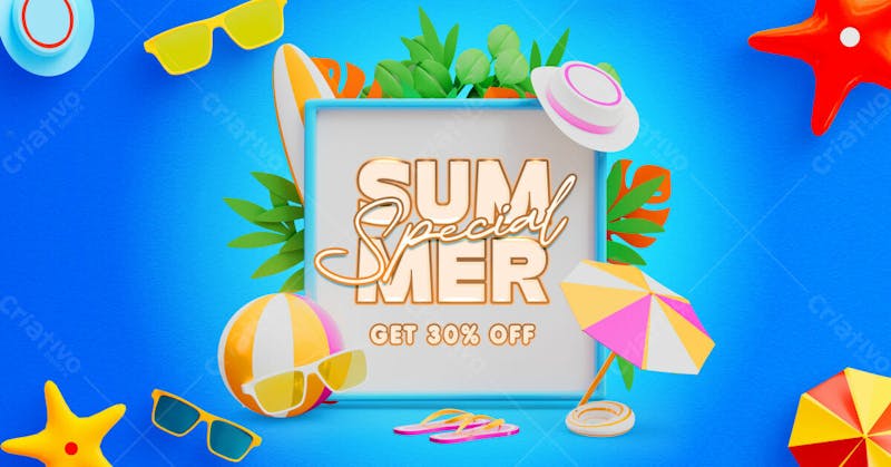 Summer sale facebook post banner template with colorful 3d beach elements