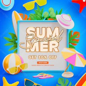 Summer special sale social media post template with colorful beach elements