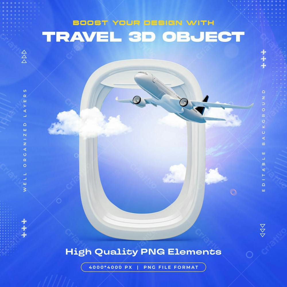 Travel 3D Object Airplane Window Views Isolated Illustration