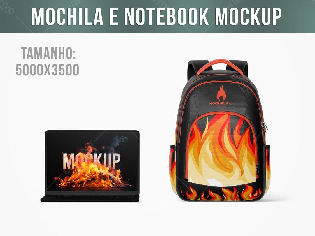 Mockup de Mochila e Notebook com Design de Fogo