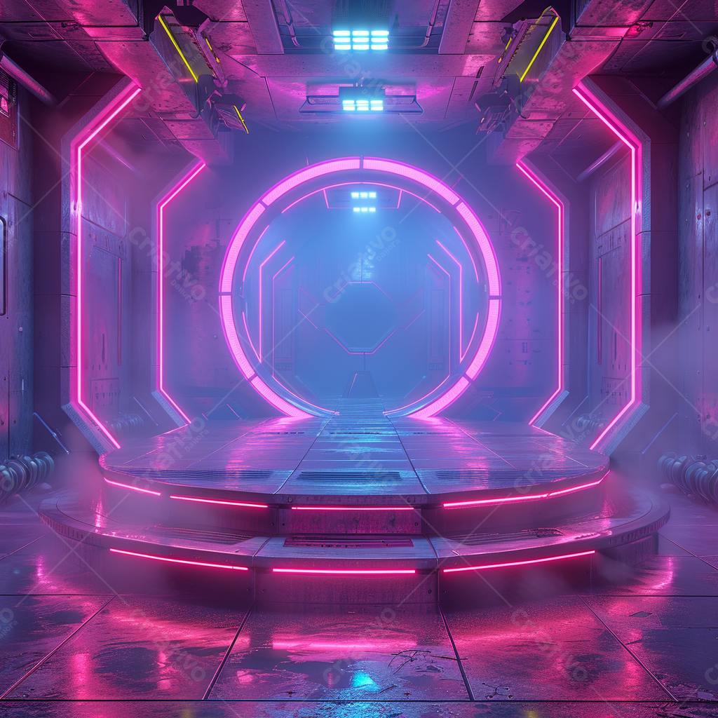 Corredor futurista com portal neon rosa e azul
