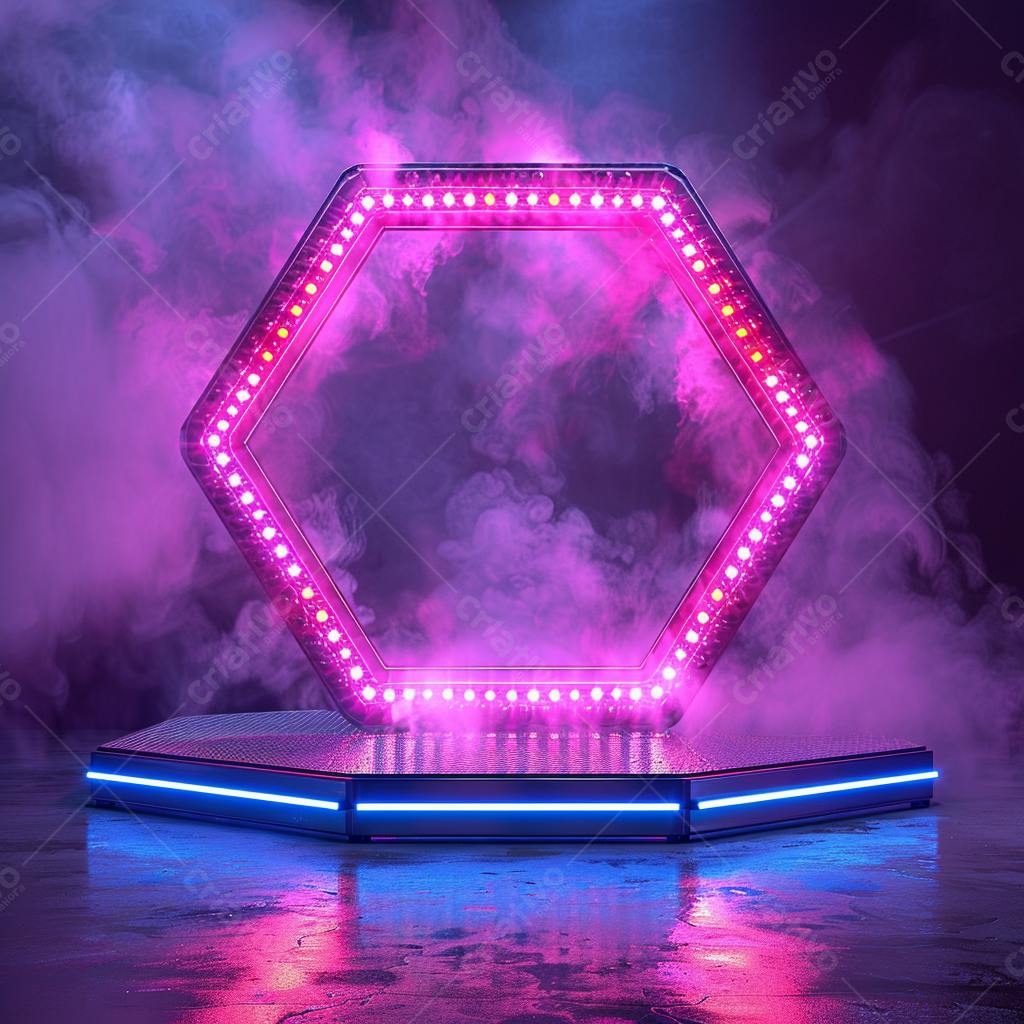 Hexágono Neon Rosa e Azul em Fumaça
