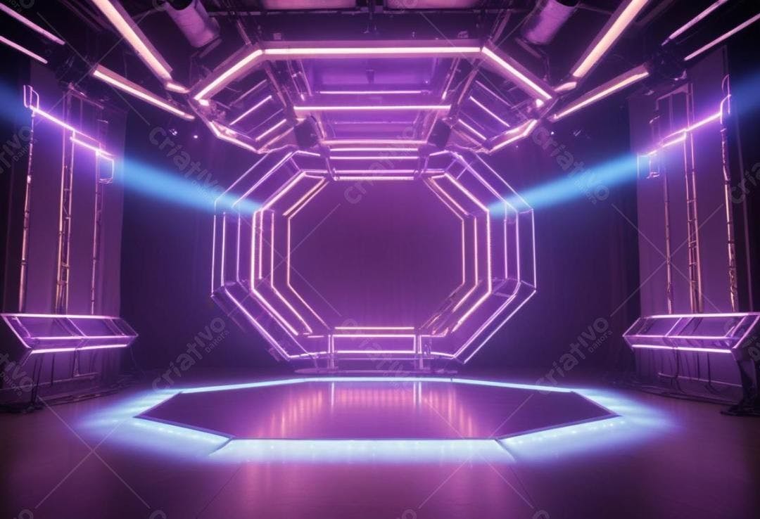 Palco futurista com iluminação neon roxa