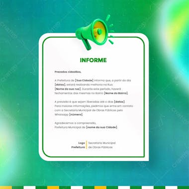 Prefeitura comunicado aviso informe munícipes social media flyer psd editável d 2