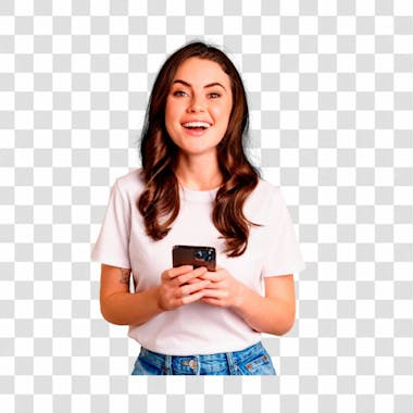 Mulher moderna feliz sorrindo segurando smartphone e rindo conceito de tecnologia celular e mobile