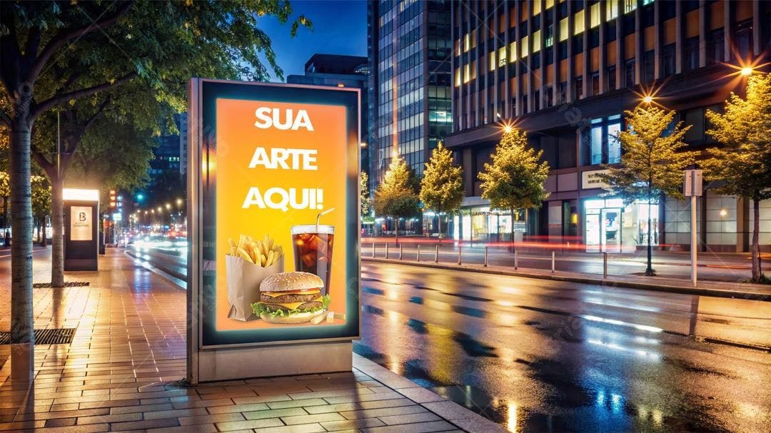 Mockup de Outdoor Noturno com Anúncio de Fast Food
