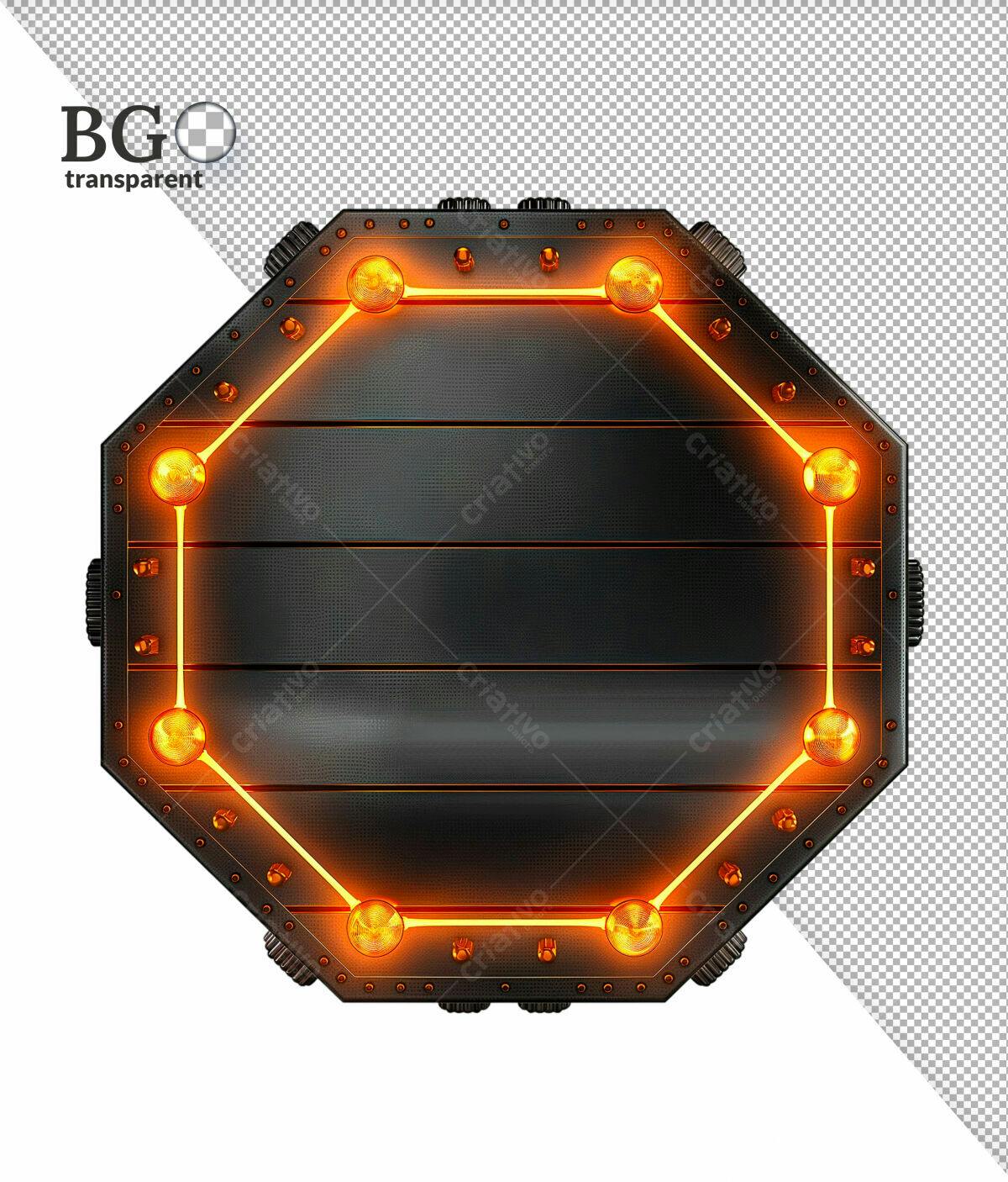 Placa Metálica Octagonal com Luzes Laranja PSD Editável