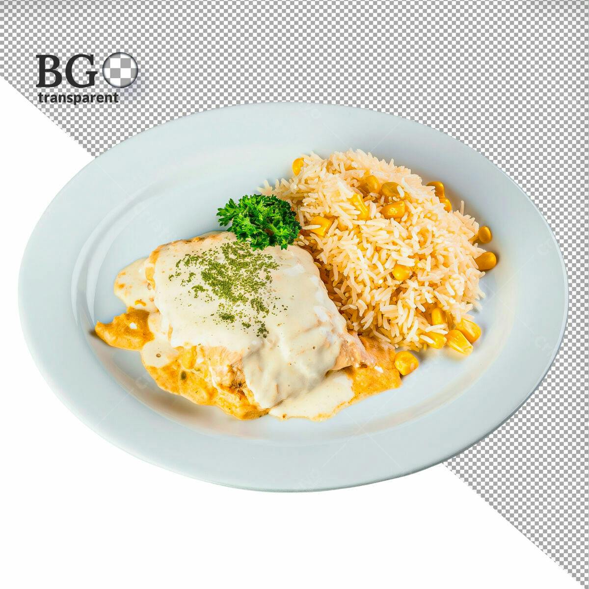 Imagem de Prato de Peixe ao Molho Branco com Arroz e Milho PSD Editável