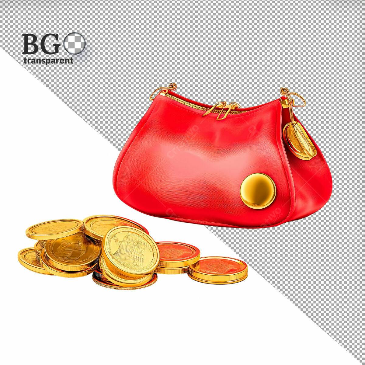 Mockup Bolsa Vermelha com Moedas de Ouro PSD Editável