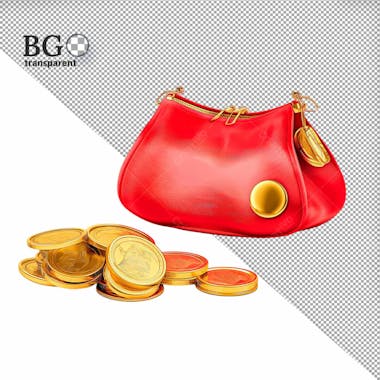 Bolsa vermelha com moedas 3d para composição