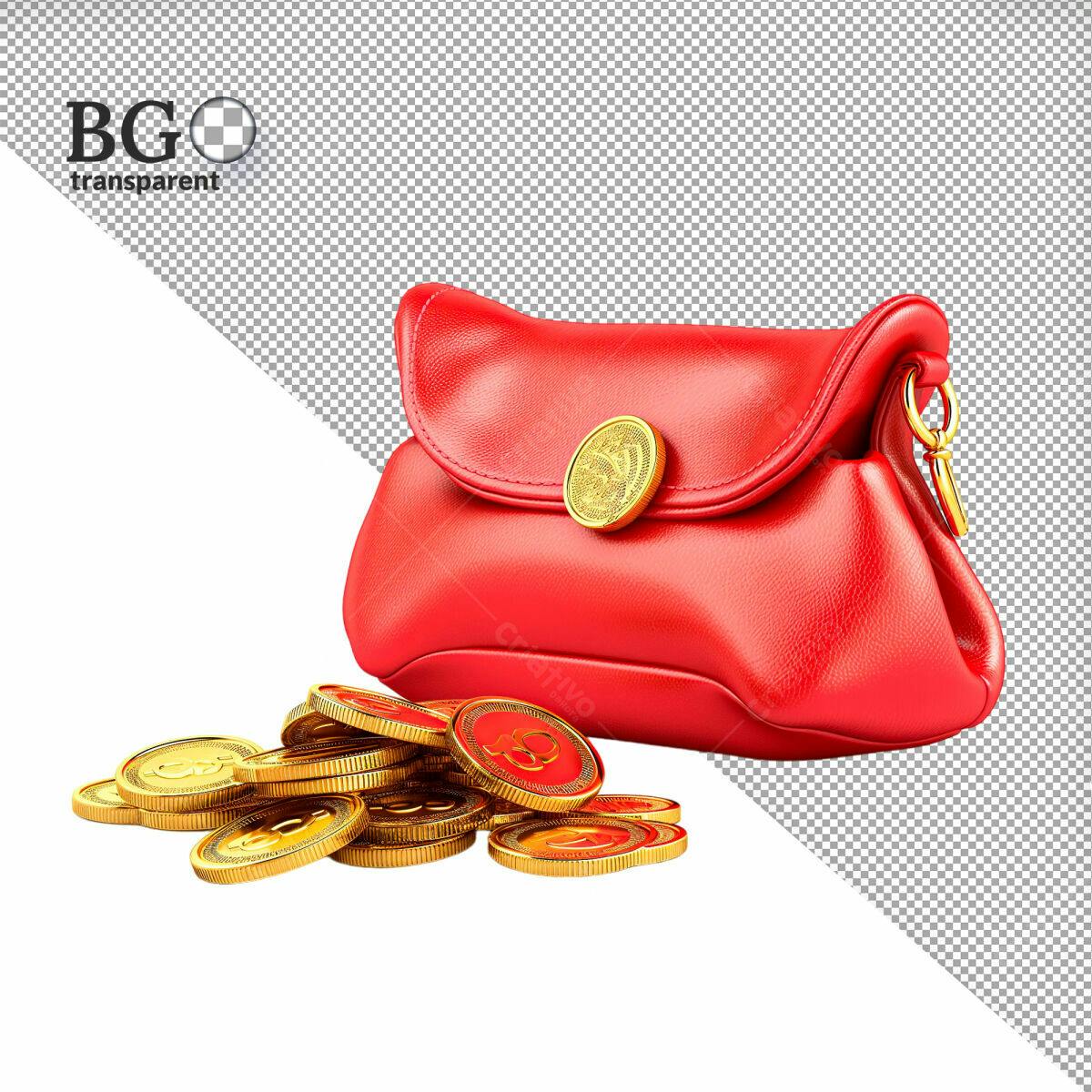 Bolsa Vermelha com Moedas de Ouro PSD Editável