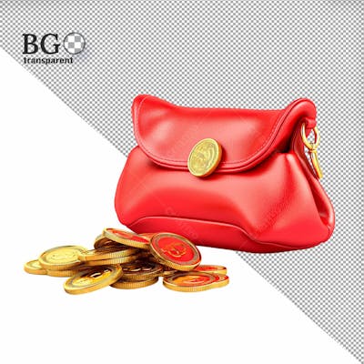 Bolsa Vermelha Com Moedas 3D Para Composição