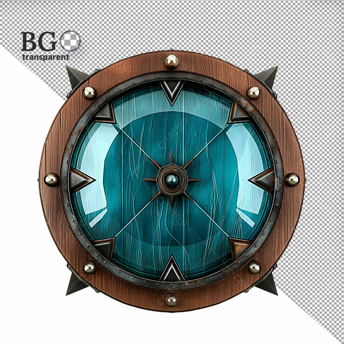 Escudo de Madeira com Detalhes em Metal e Vidro Azul Turquesa PSD Editável