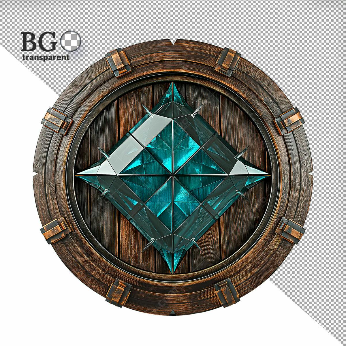 Emblema Circular em Madeira e Cristal Azul Turquesa PSD Editável