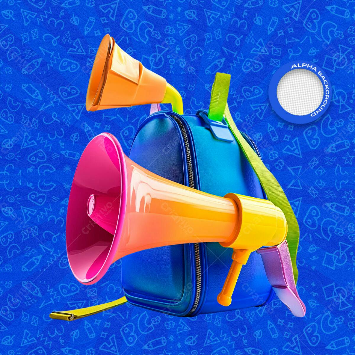 Mochila com Megafones Coloridos PSD Editável