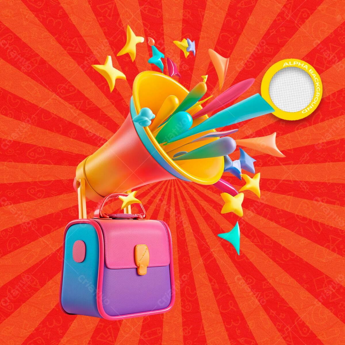 Flyer Anúncio com Megafone e Bolsa PSD Editável