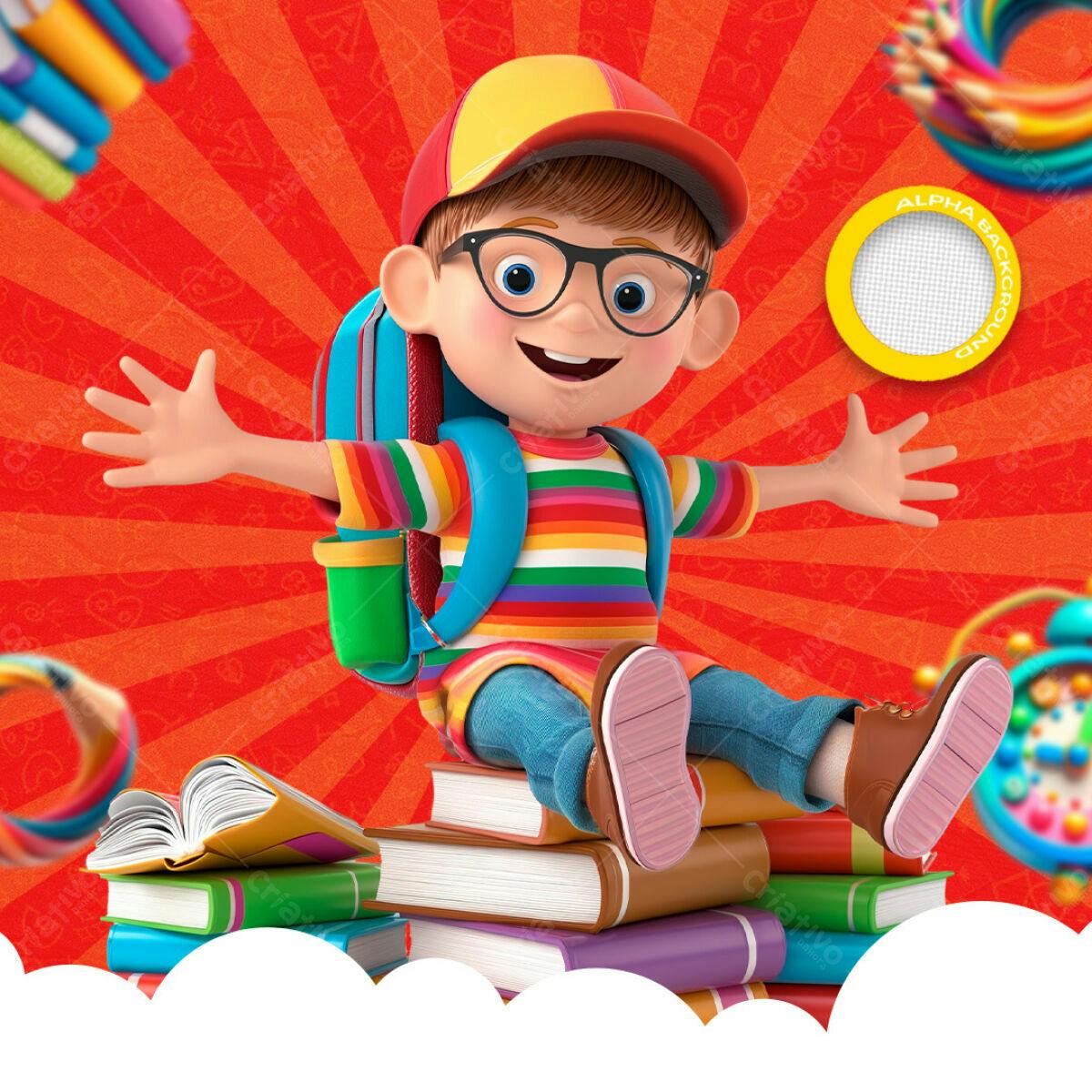 PSD Voltar às Aulas com Menino 3D PSD Editável