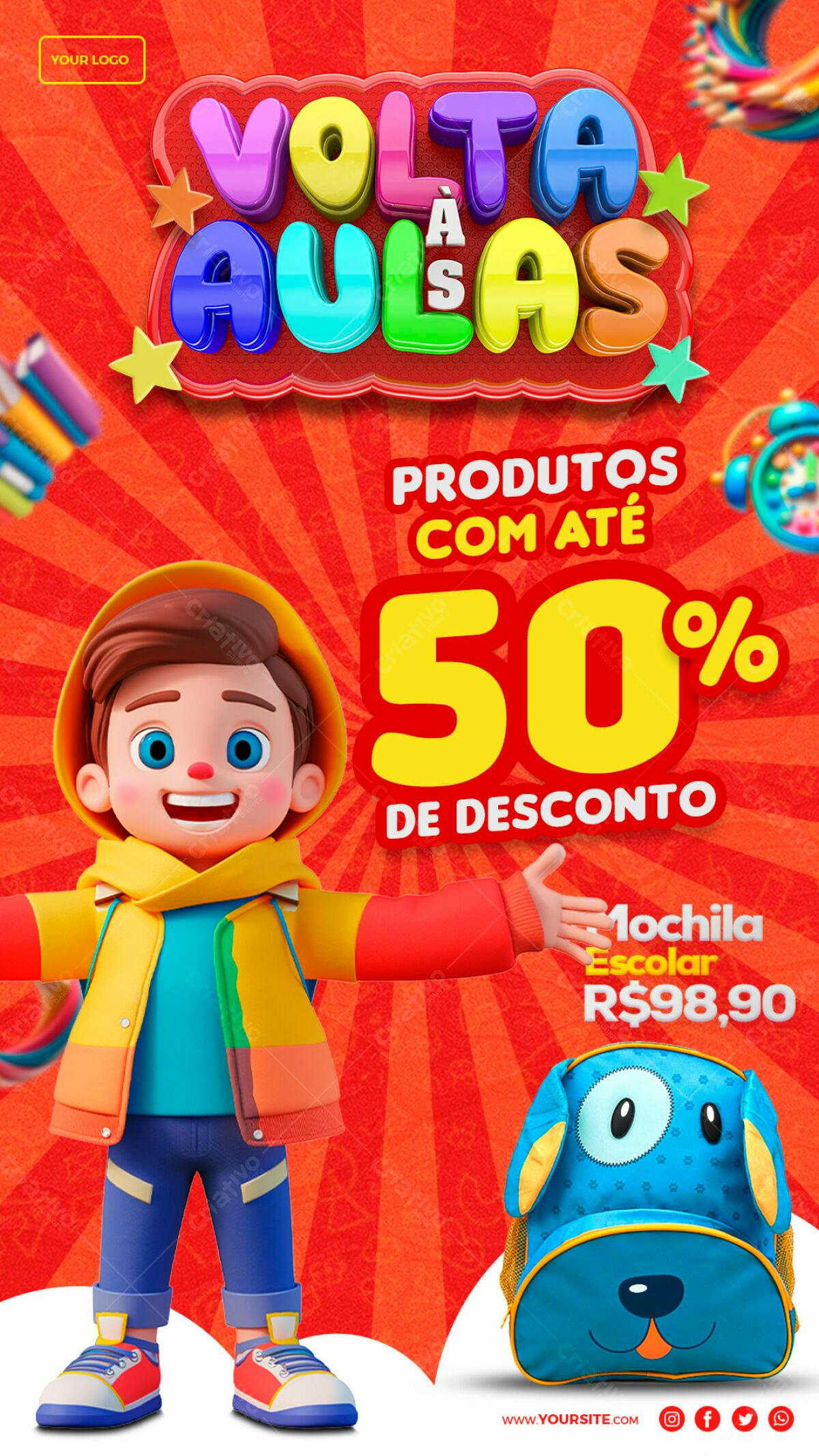 Flyer Volta às Aulas com 50% de Desconto PSD Editável