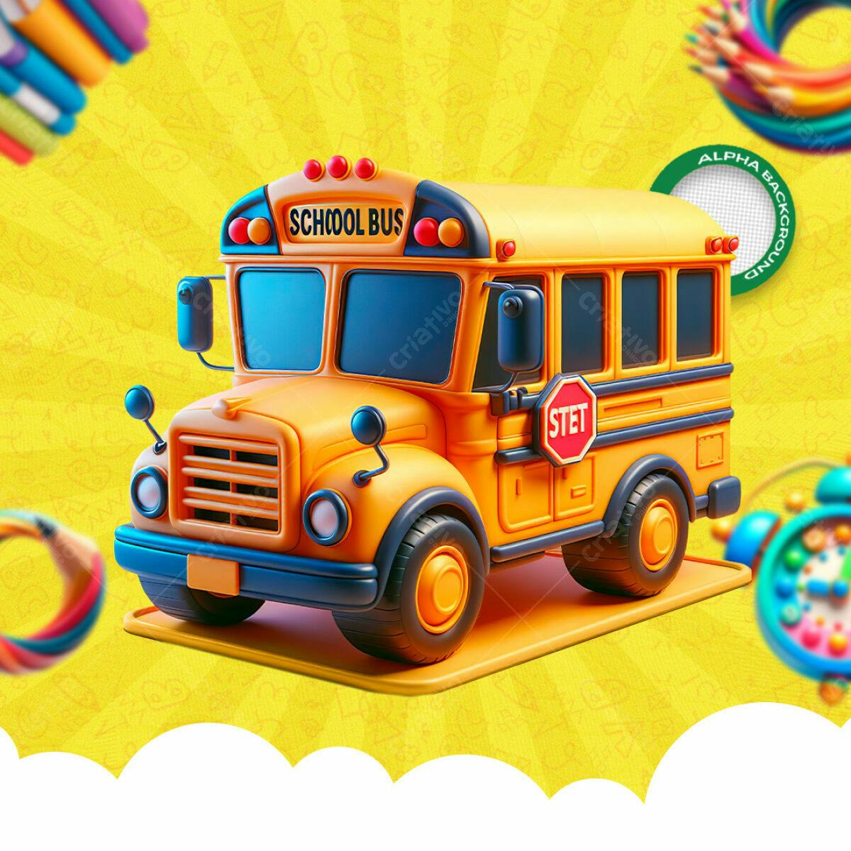 Ilustração Ônibus Escolar Amarelo PSD Editável