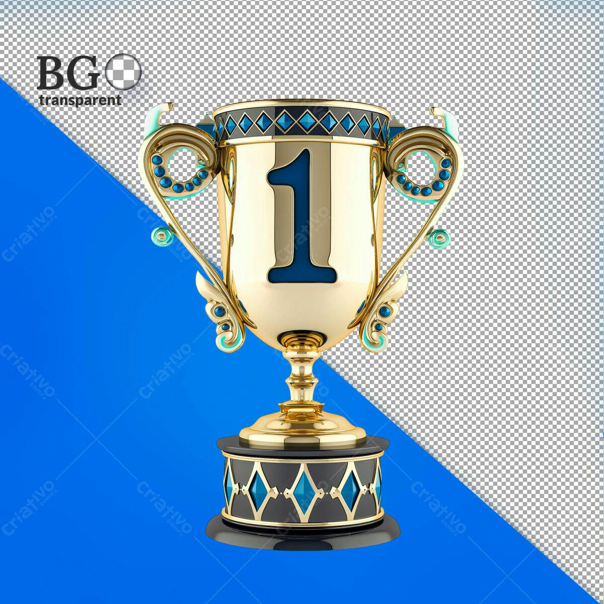Troféu Dourado com Pedras Azuis PSD Editável