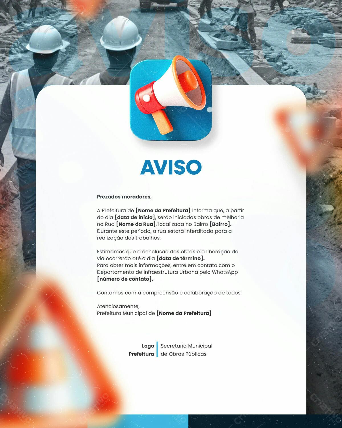 Aviso de Obras Públicas PSD Editável