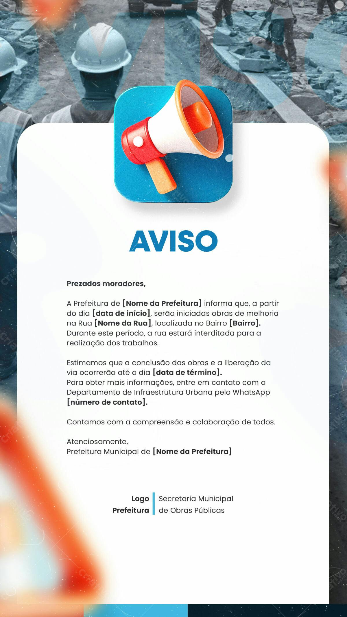 Aviso de Obras Públicas PSD Editável