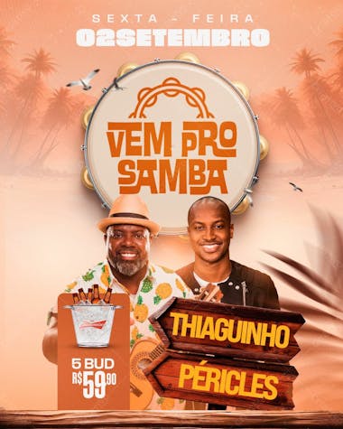 Flyer evento vem pro samba péricles e thiaguinho feed psd editável