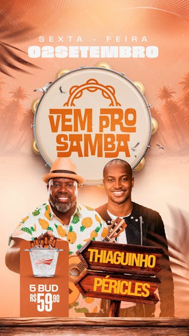 Flyer evento vem pro samba péricles e thiaguinho stories psd editável