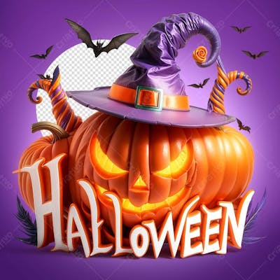 Selo 3D Halloween Com Abobora E Chapeu De Bruxa