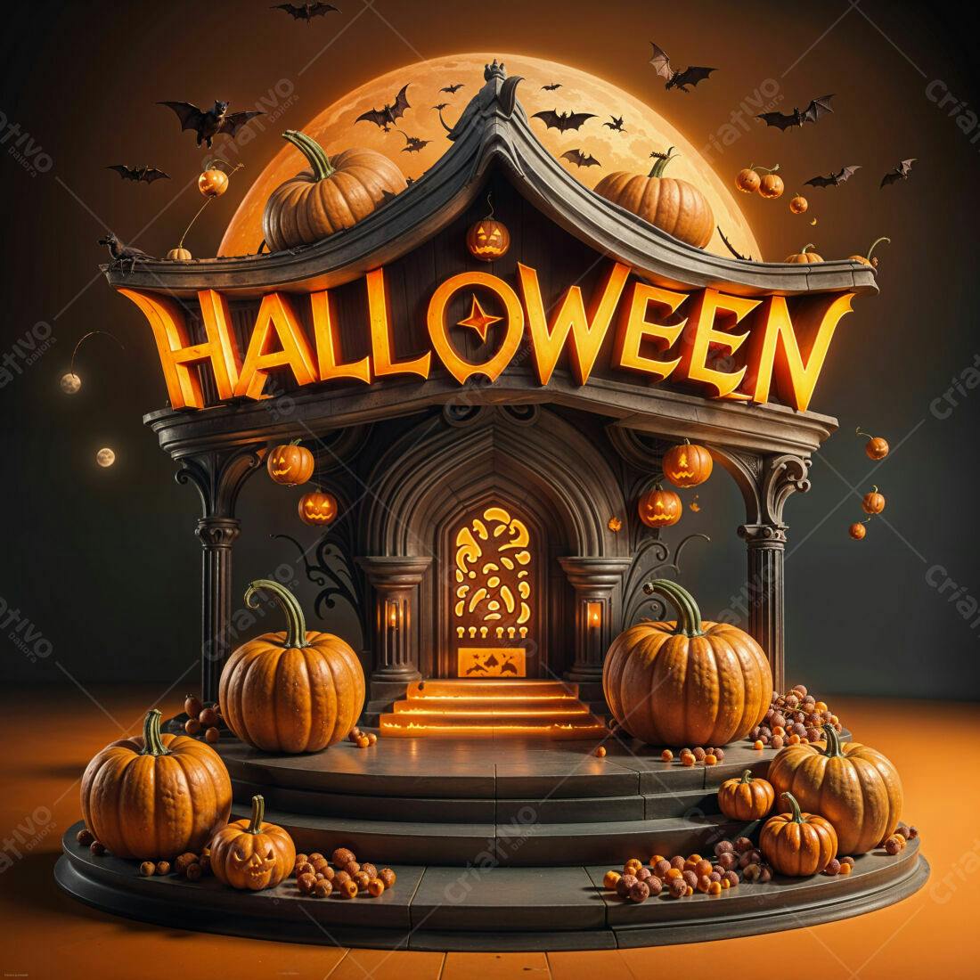 Casinha de Halloween com abóboras e morcegos
