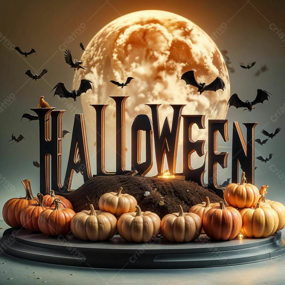 Decoração de Halloween com abóboras e morcegos