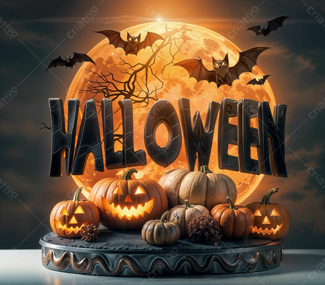Abóboras de Halloween com morcegos lua cheia